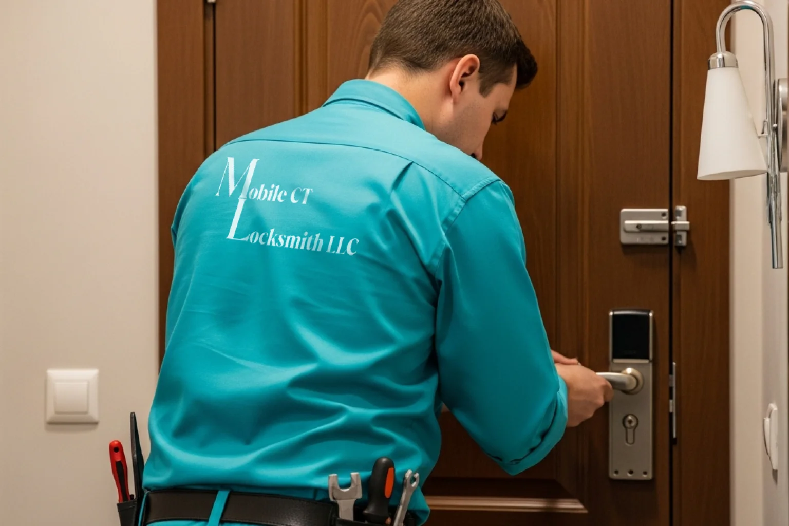 Professional locksmith installing door hardware