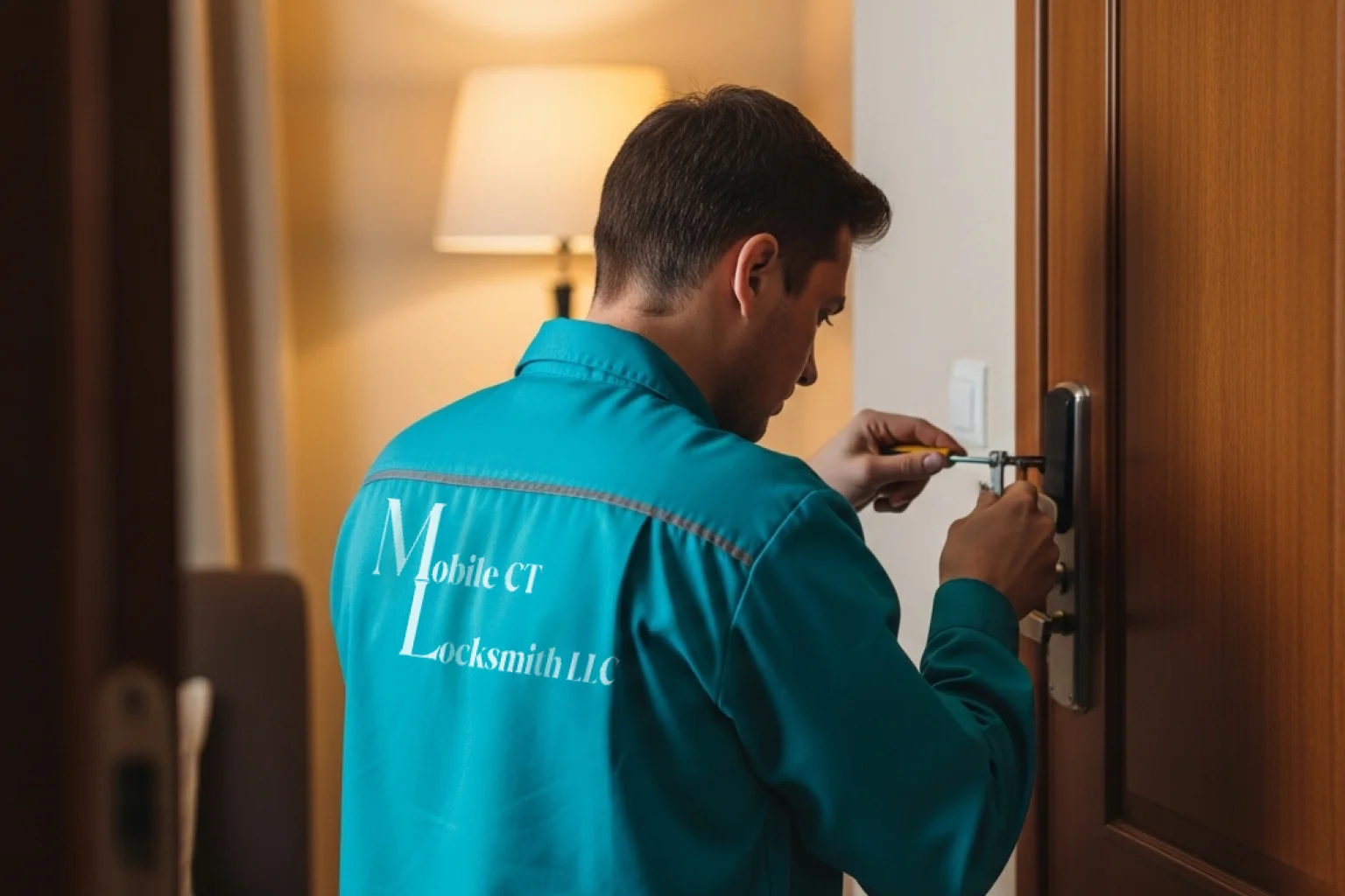 Locksmith repairing door lock mechanism